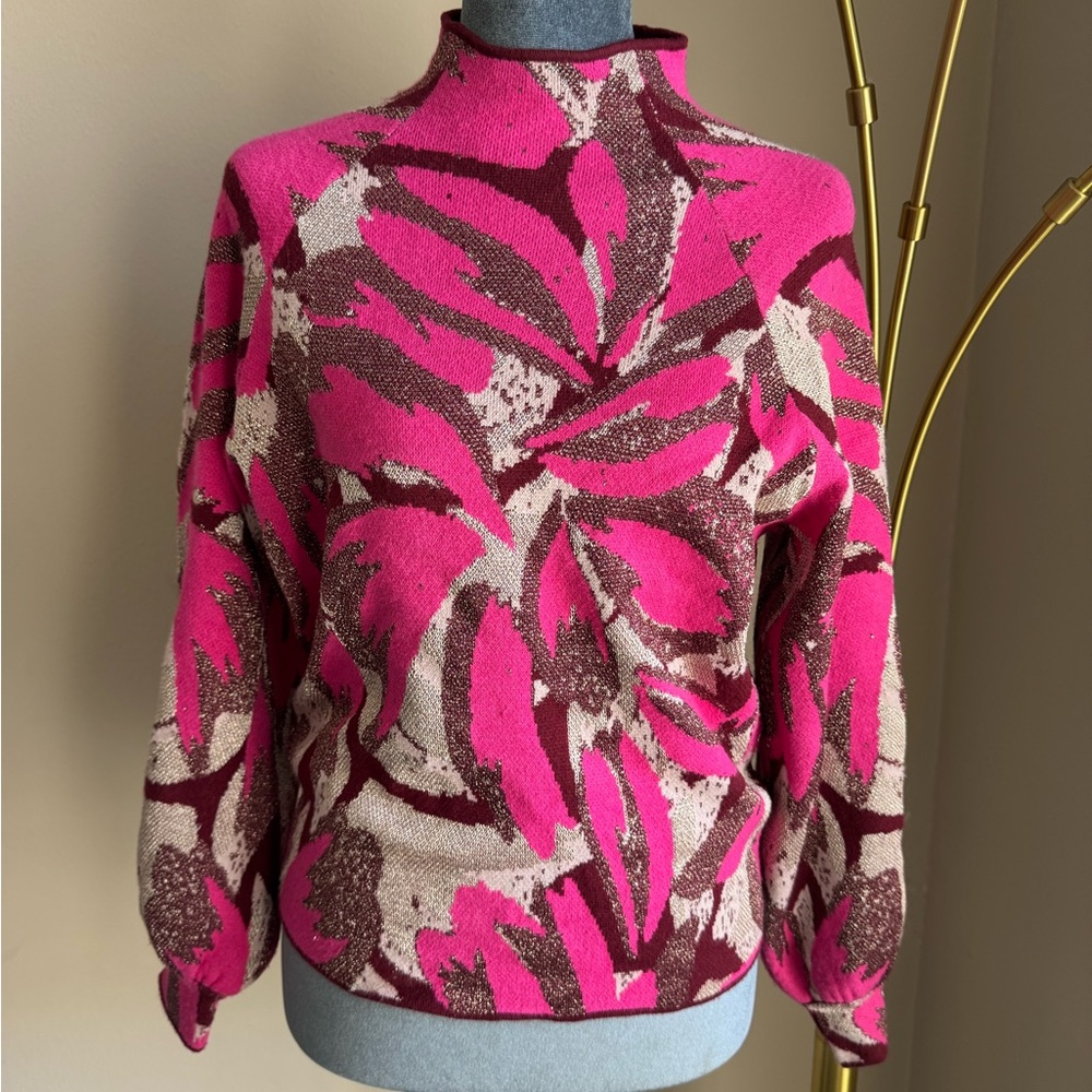 Anthropologie Metallic Floral Mock Neck Sweater
